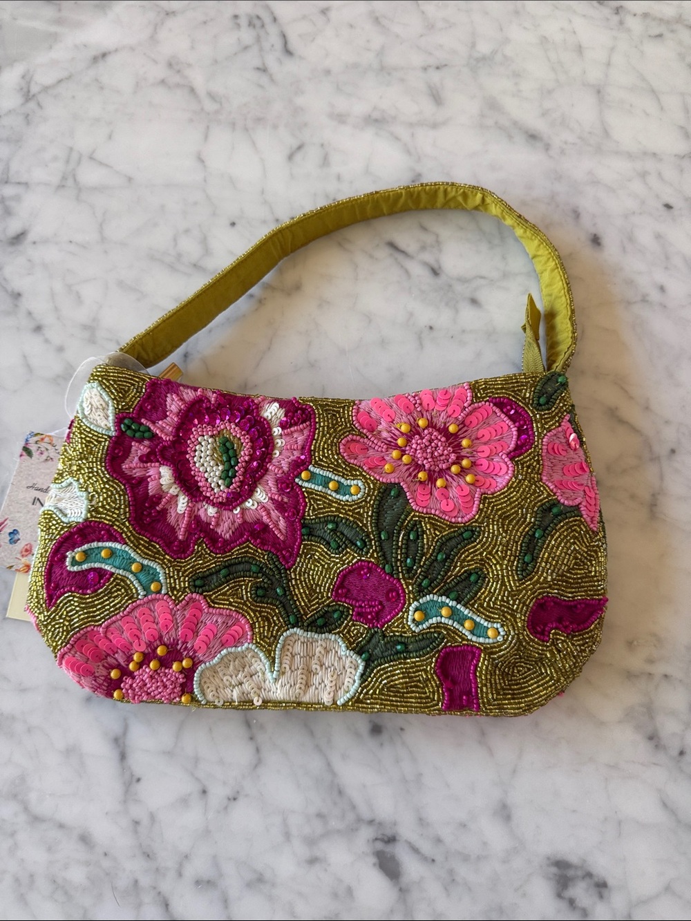 NWT floral beaded bag. Gold pink, blue and green